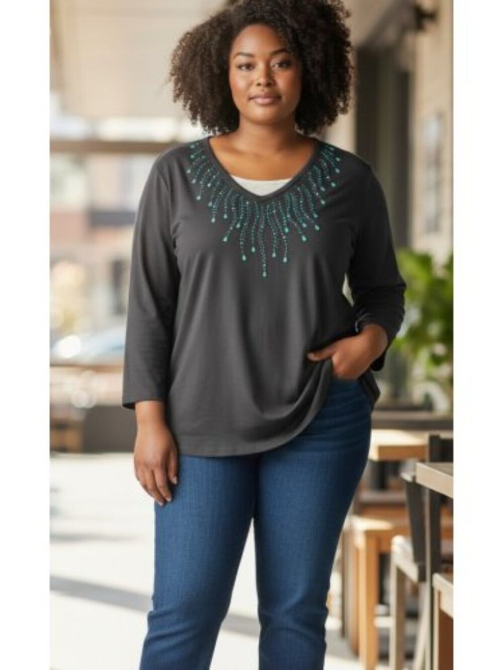 TRILLLOGY by Morning Sun Black Beaded and Rhinestone Pullover Top Ladies Plus 2X